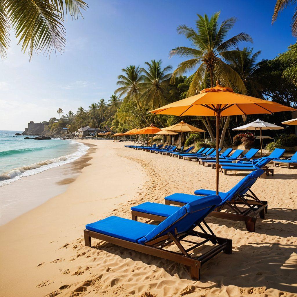 A serene beach scene showcasing a beautiful family-friendly accommodation, with children playing in the sand and parents relaxing on a luxurious terrace overlooking the ocean. Include vibrant umbrellas, palm trees gently swaying in the breeze, and waves lapping at the shore, creating a warm and inviting ambiance. Bright sunshine illuminates the scene, evoking the essence of a perfect vacation. super-realistic. vibrant colors. 3D.