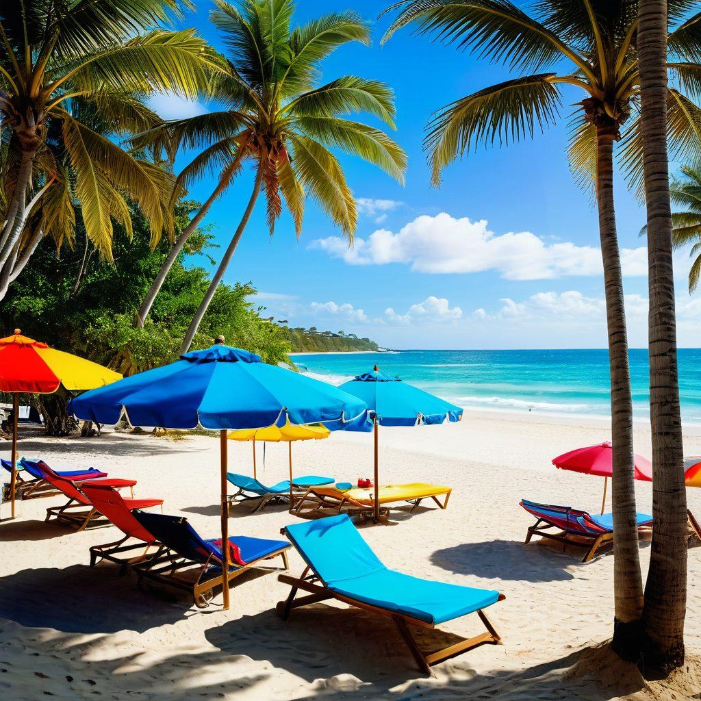 A stunning beach scene featuring a diverse group of people wearing stylish swimwear, lounging under colorful umbrellas, and enjoying beachfront rentals that include cozy hammocks and chic cabanas. The sun is shining brightly, casting a warm glow on the white sand and clear blue water, while palm trees sway in the gentle breeze. Add playful beach toys and surfboards to enhance the summer vibe. vibrant colors. super-realistic. outdoor setting.
