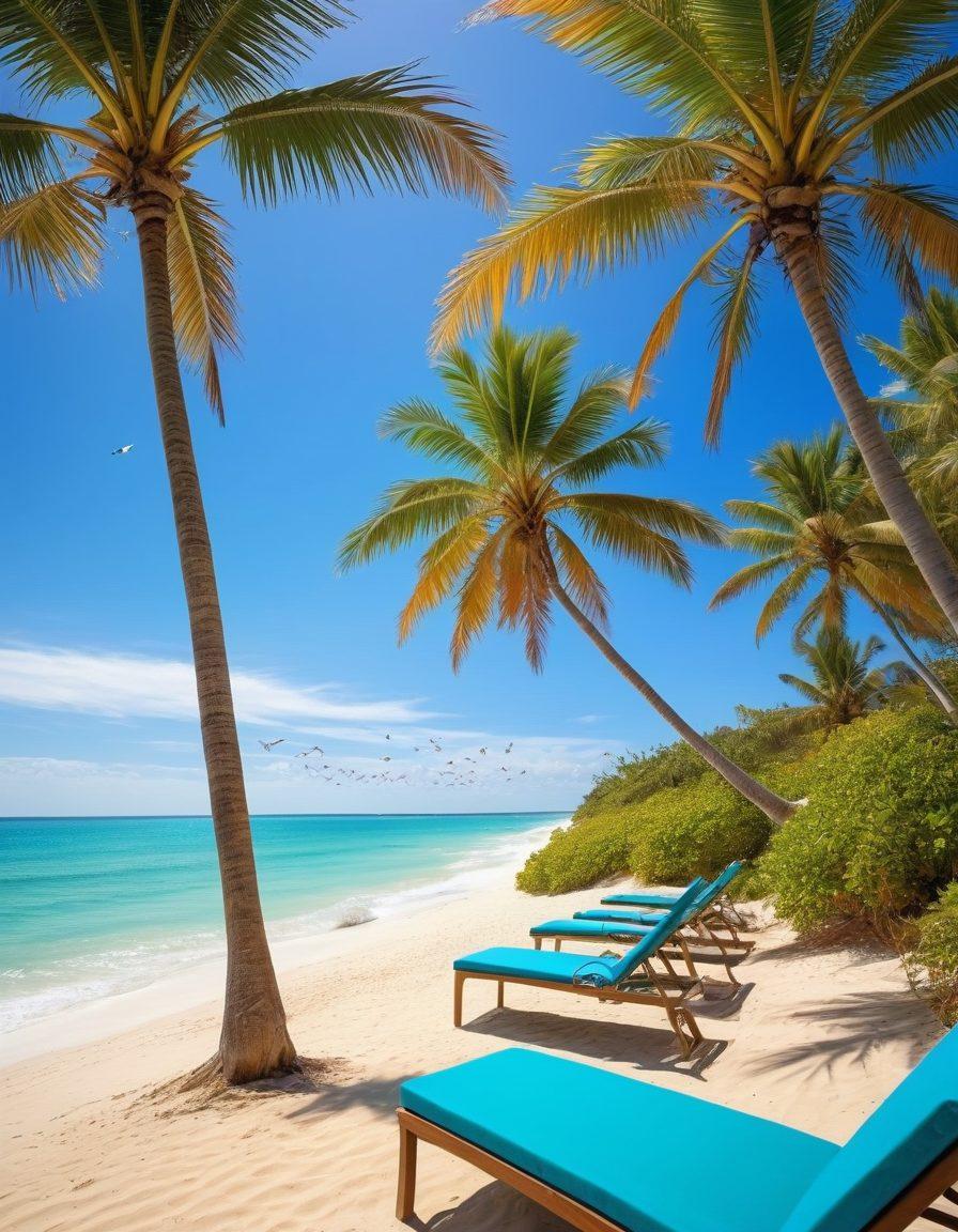 A serene beachfront scene showcasing a luxurious coastal rental property, with palm trees swaying gently in the breeze, crystal-clear turquoise waters, and soft golden sand. Include vibrant beach umbrellas and lounge chairs for added relaxation, while seagulls soar in the bright blue sky. The image should evoke a sense of peace and vacation bliss. super-realistic. vibrant colors.
